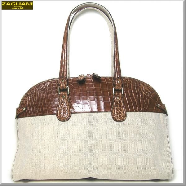 ZAGLIANI ZPE07-06 FABRIC+CROCODILE-BROWNレザーコットンハンドバッグ(ザグリアーニ)